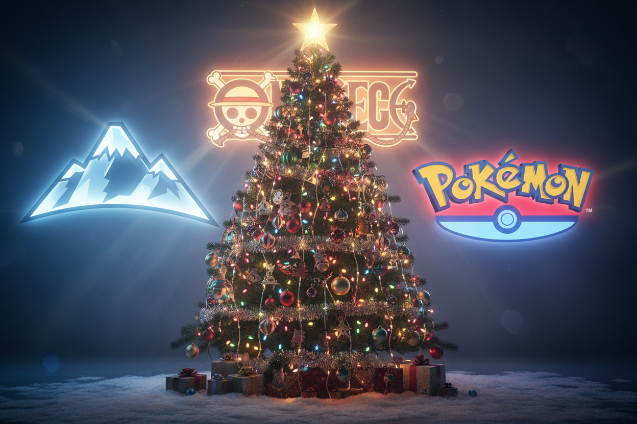 make me an image of the onepice logo amountain logo and poemon logo behind a chistmas tree ma ke it look cool